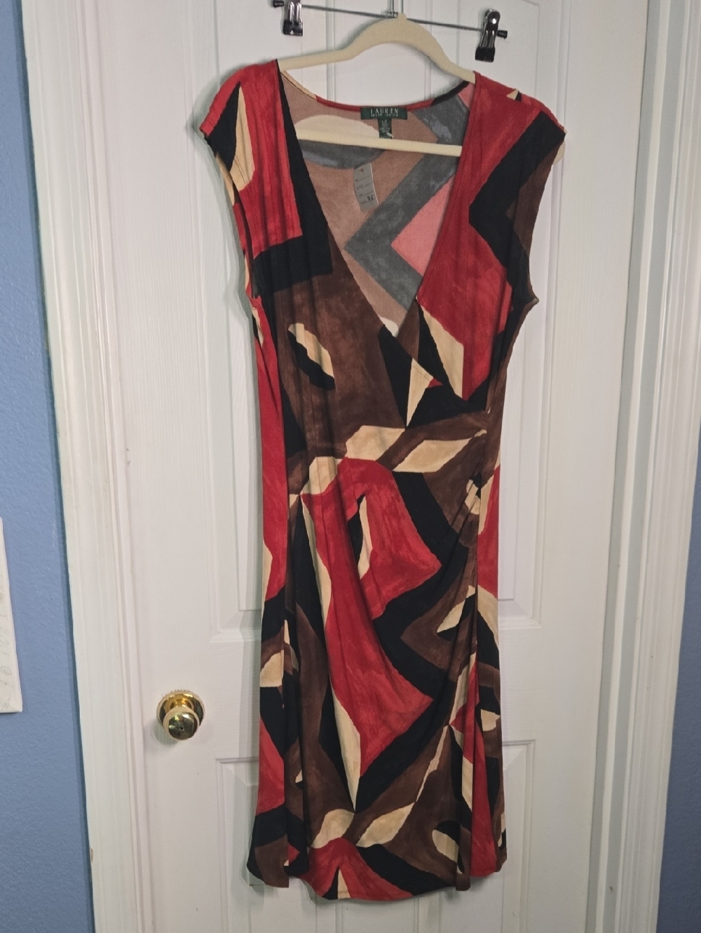 Lauren Ralph Lauren Red, Brown & Black Geometric Midi Dress
